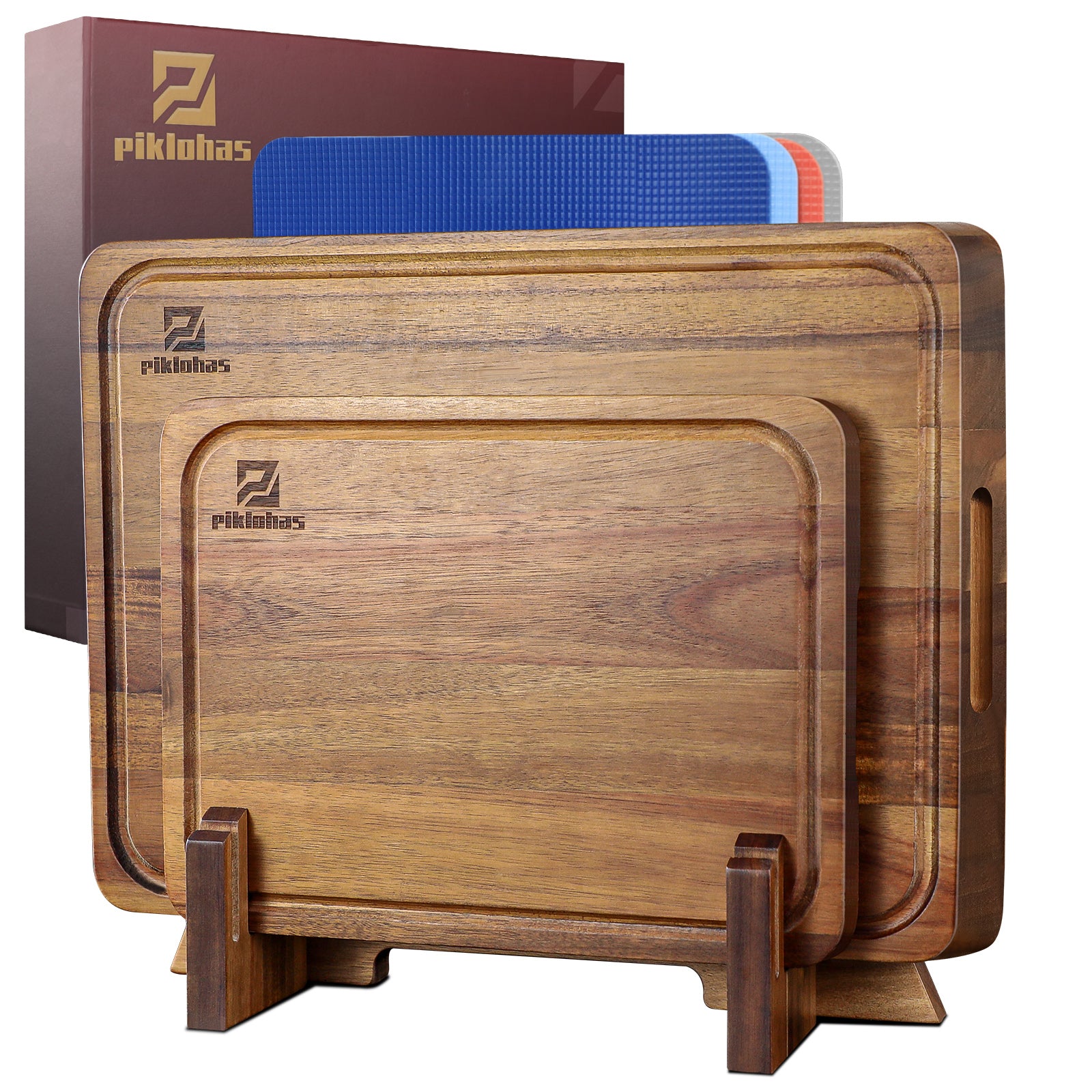 Large Wood Cutting Boards, 7 Pieces Over Sink Chopping Board with Holder, Plastic Cutting Board Mats, Juice Groove, Handle Hole, Reversible Butcher Block for Meat Cheese Bread