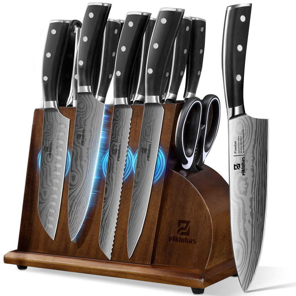 Kitchen Knife Sets for Kitchen with Block, 17 Pieces with Magnetic Knife Holder, German High Carbon Stainless Steel Damascus Pattern Chef Knives Set with Sharpener, Steak Knives