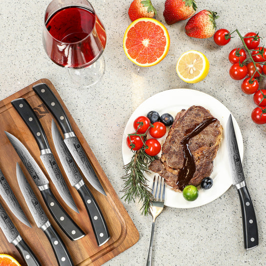 Kitchen Knife Sets for Kitchen with Block, 17 Pieces with Magnetic Knife Holder, German High Carbon Stainless Steel Damascus Pattern Chef Knives Set with Sharpener, Steak Knives