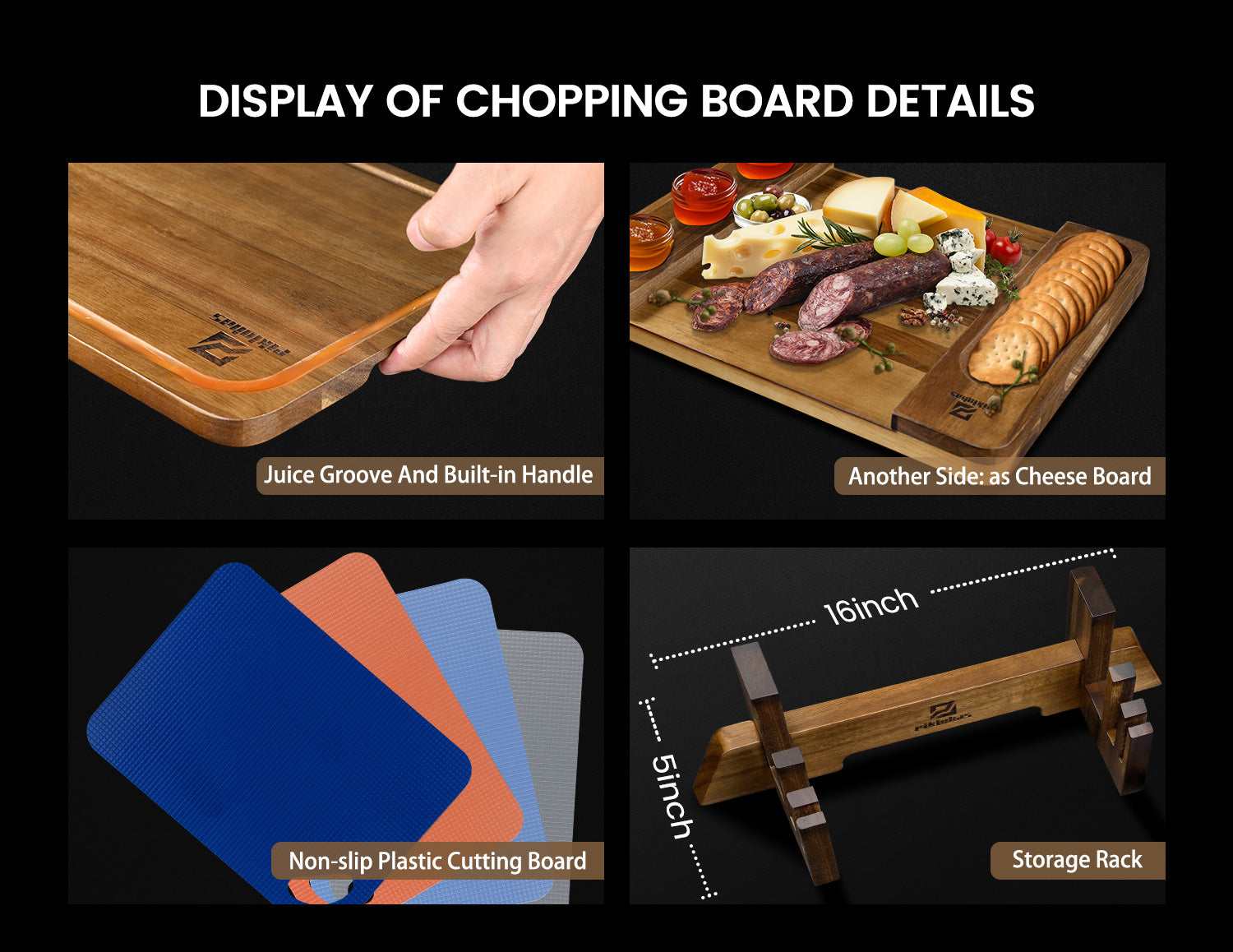Large Wood Cutting Boards, 7 Pieces Over Sink Chopping Board with Holder, Plastic Cutting Board Mats, Juice Groove, Handle Hole, Reversible Butcher Block for Meat Cheese Bread