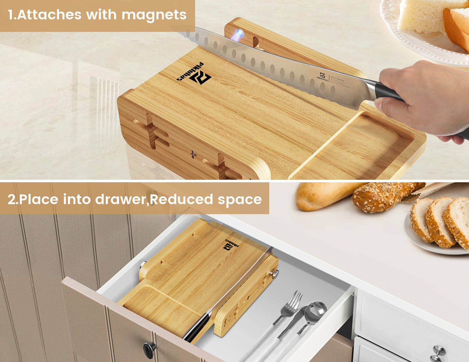 Manual Bread Slicer for Homemade Bread, 3 Slice Thickness, Patented Adjustable Horizontal Slicing Guide, Wooden Loaf Cutter with Crumb Tray, Bread Maker Accessory for Sourdough Cake Taost Bagels