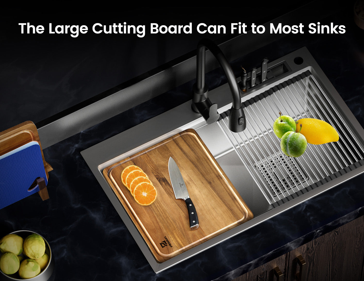 Large Wood Cutting Boards, 7 Pieces Over Sink Chopping Board with Holder, Plastic Cutting Board Mats, Juice Groove, Handle Hole, Reversible Butcher Block for Meat Cheese Bread
