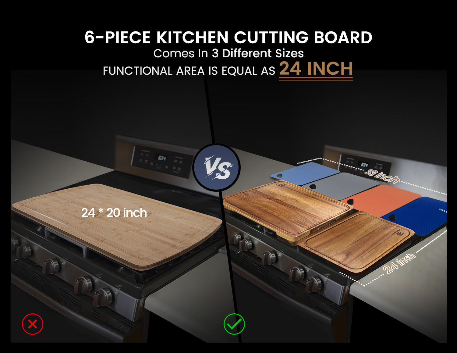 Large Wood Cutting Boards, 7 Pieces Over Sink Chopping Board with Holder, Plastic Cutting Board Mats, Juice Groove, Handle Hole, Reversible Butcher Block for Meat Cheese Bread