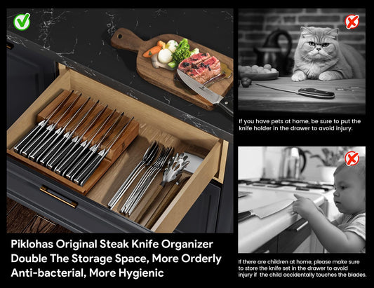 Steak Knives Set of 8 with Drawer Organizer, 4.5 Inch Non Serrated Dinner Knife, Forged German Steel Damascus Pattern Straight Edge Meat Knife with Full Tang Handle, Dishwasher Safe, Black