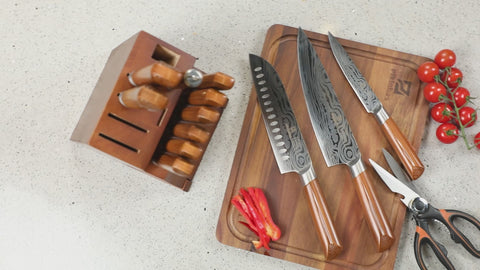 Kitchen Knife Sets With Block, Piklohas 15 Pieces Knife Sets With Magnetic Detachable Knife Holder, High Carbon Steel Damascus Pattern Chef Knife Set With Steak Knives, Ideal For House Warming Gift