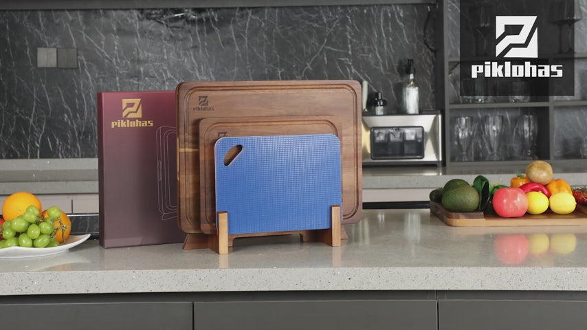 Large Wood Cutting Boards, 7 Pieces Over Sink Chopping Board with Holder, Plastic Cutting Board Mats, Juice Groove, Handle Hole, Reversible Butcher Block for Meat Cheese Bread